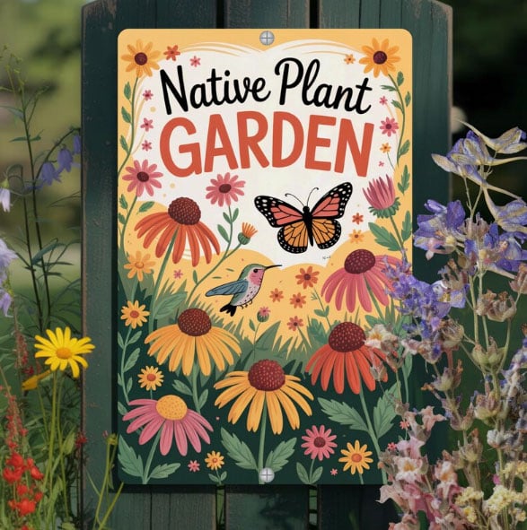 Native Plant Garden Sign with Monarch, Hummingbird, and flowers